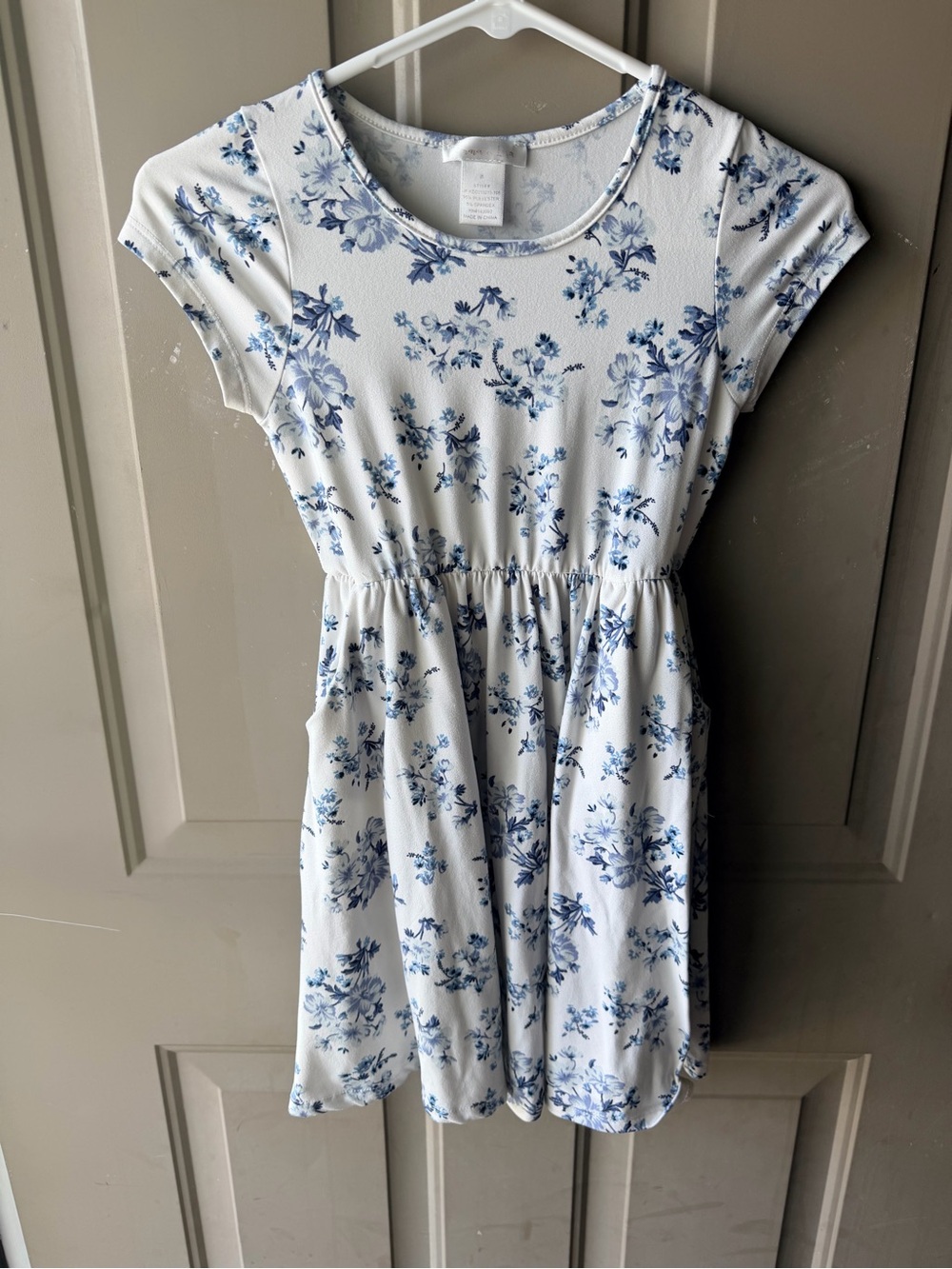 Girls' White Dress with Blue Floral Print